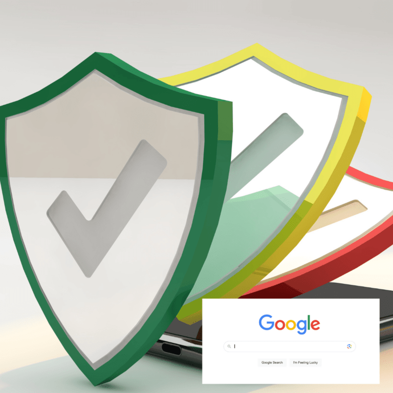 Google search bar and coloured shield graphics